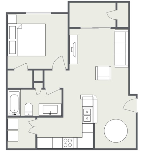 A floor plan of a house with a kitchen, living room, and two bedrooms.